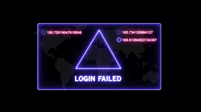 Cybersecurity login failed error alert notification with glowing neon warning triangle and digital map background, for network security, breach, data protection, and system access, denied concepts