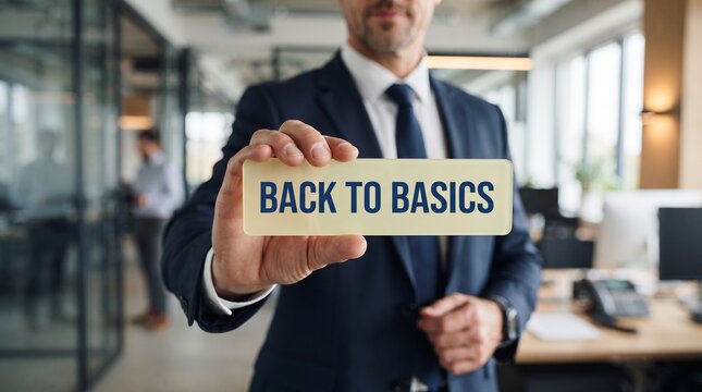 Businessman holding a sign that says back to basics