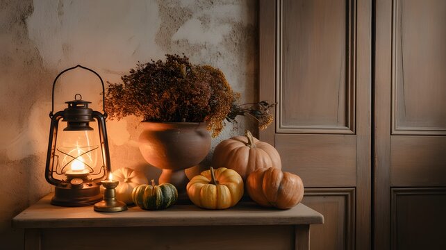 Cozy autumn decor with pumpkins and vintage lantern on rustic wooden shelf