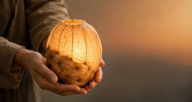 Hands Holding Glowing Potato Paper Lantern Hybrid at Dusk