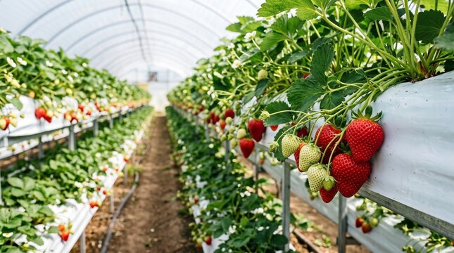 Fresh red strawberry plants growing inside a modern commercial greenhouse for sustainable fruit production and agriculture