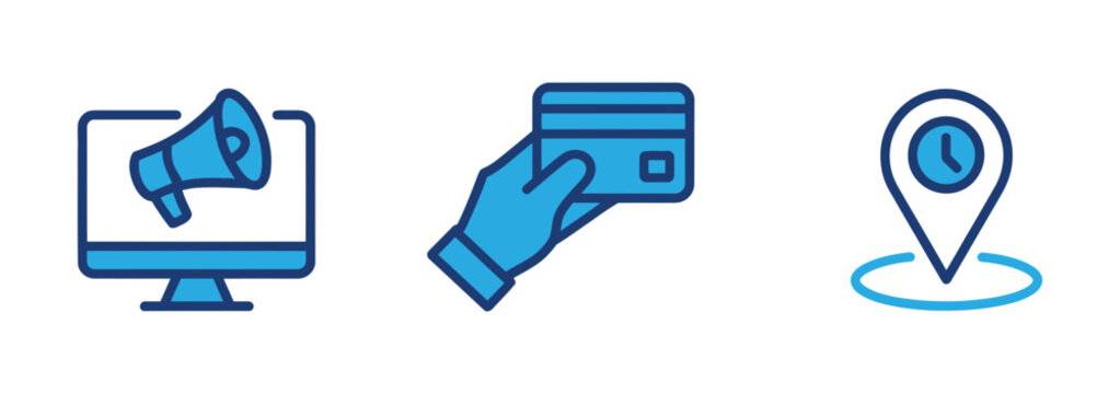 A set of three digital marketing icons representing online promotion secure payment processing and location based services