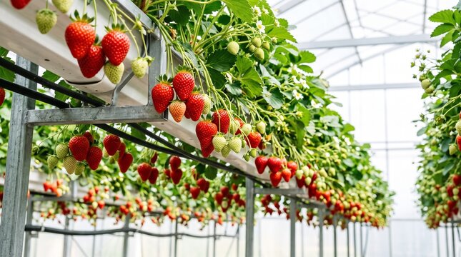 Fresh red strawberry fruits growing on hanging plants inside a modern industrial greenhouse for commercial agricultural production