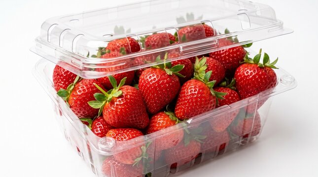 Fresh red organic strawberry fruits packed in a clear plastic container isolated on a white background