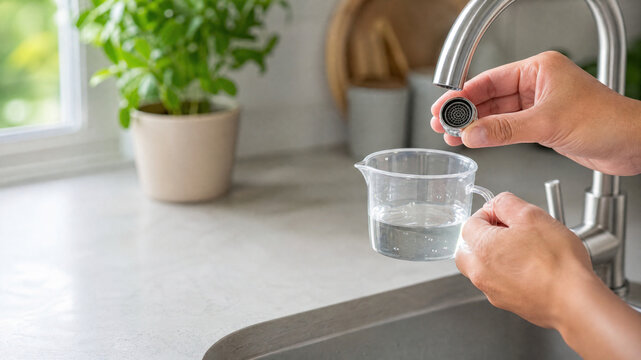 Modern kitchen faucet repair, person replacing water aerator filter. Home maintenance and plumbing service concept with chrome tap.
