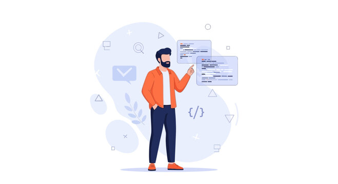 Developer points to code snippets and symbols, representing programming, coding, software development, and technology.