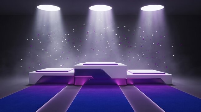 Empty winners podium with purple carpet and confetti