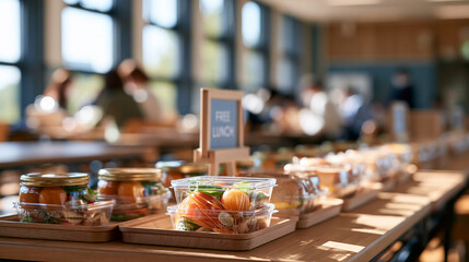 Fototapeta premium Close up of a free lunch sign displayed on a wooden stand in a bright school cafeteria with rows of packed meals no people bright free lunch sign wooden stand school