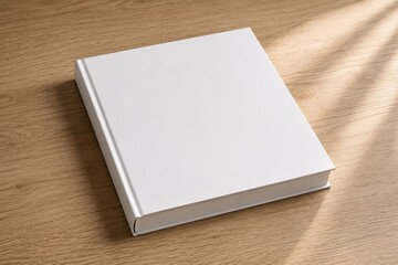 Fototapeta premium Blank white book cover mockup lying on a light natural wood table with soft ambient sunlight casting shadows.