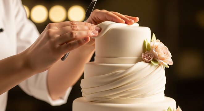 Elegant wedding cake being cut with knife and fork in sophisticated indoor setting