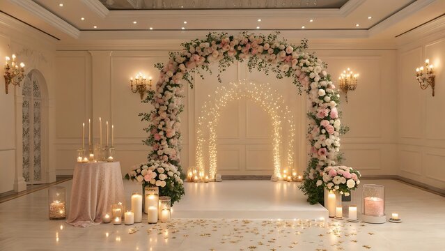 Elegant engagement party background with luxurious floral arch, glowing candles, champagne-inspired golden details, soft cream and blush tones, sparkling bokeh, sophisticated ballroom atmosphere, prem