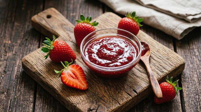 A small glass bowl filled with delicious homemade strawberry jam surrounded by fresh ripe red strawberries