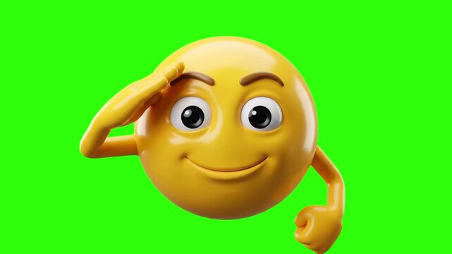 A glossy yellow 3D emoji character giving a respectful hand salute, rendered on a chroma key green background. Perfect for military tributes, respect reactions, formal greetings, and social media vide
