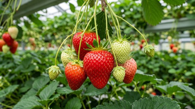 Fresh red strawberry fruits ripening on green plants in a modern vertical greenhouse farm for organic agriculture