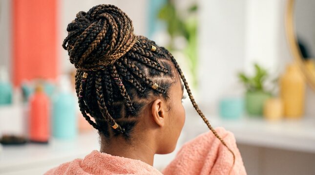 African American woman with intricate braided hairstyle and bun in beauty salon. Haircare, protective styling, cosmetology, and natural beauty concept with copy space.