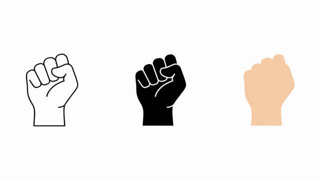 Three vector illustrations depict a clenched fist in outline solid black and peach tones raised silhouette hand gesture
