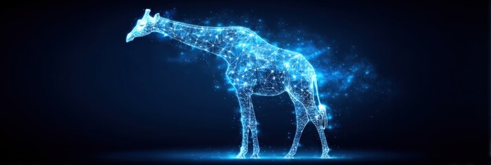 A glowing digital giraffe made of blue interconnected lines and dots, standing against a dark background with a futuristic, tech-inspired design.