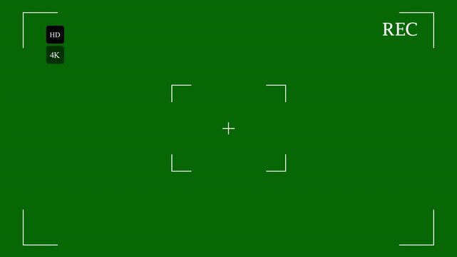 Camera interface animation on green screen with recording frame, focus brackets, and digital viewfinder overlay.