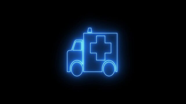 An emergency ambulance icon glows with a bright blue medical cross. This ambulance icon represents hospital paramedical transit services on black background.