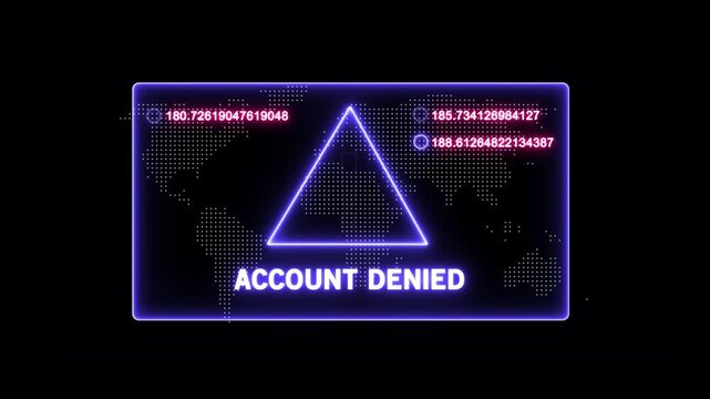 Cybersecurity account denied warning screen with glowing neon digital map interface and data analytics hud for high-tech network security, system access error, and unauthorized login concepts