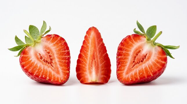 Three fresh strawberry halves arranged in a row isolated on a clean white background for food photography