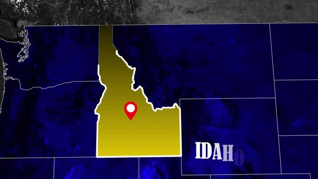 Idaho State Map Animation with Location Pin Highlighting the Region and Geographic Area on a Dark Background.