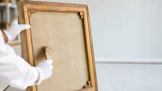 Professional art restorer cleaning antique oil painting, conservator in white gloves dusting vintage canvas, museum preservation work