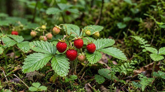 A cluster of fresh ripe wild strawberry fruits growing on a green plant in the forest