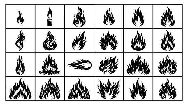 Flame set with glowing vector flames in orange and red featuring abstract shapes with dynamic lines and smooth gradients
