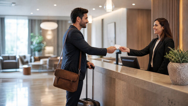 Modern hotel check-in with businessman at reception desk. Professional receptionist greeting guest in luxury lobby. Business travel and hospitality concept.