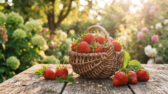 A rustic wicker basket filled with fresh red strawberries sitting on a wooden table in a garden