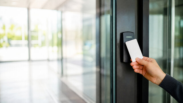 Electronic key card access for office building, hand swiping security badge at entrance, modern workplace safety system