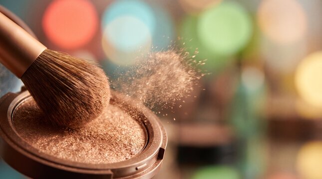 soft bronze makeup sweeping shimmering powder across compact, beauty cosmetic application concept with colorful blurred background and copy space for advertising
