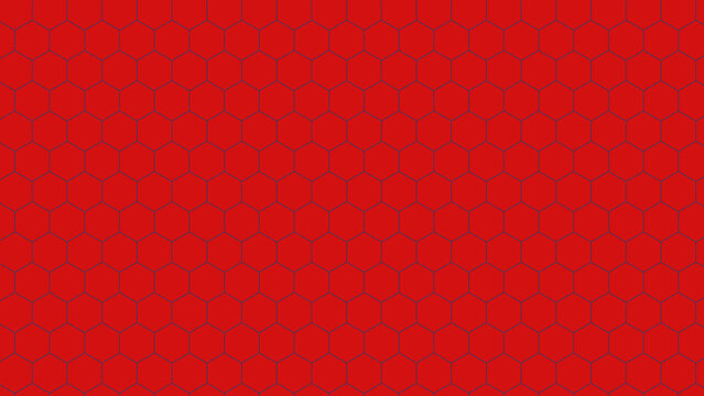 Vibrant red seamless pattern featuring dark blue line hexagon grid layout.