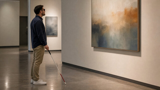 Blind man with white cane in art gallery, visually impaired visitor in museum, person with disability experiencing culture