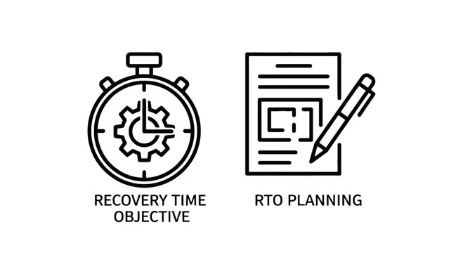 Recovery time objective rto planning icons set with recovery objective planning business management strategy continuity disaster document