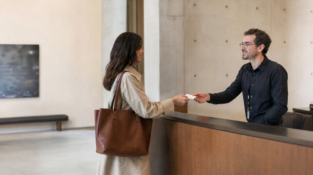 Professional hotel reception check-in, female guest at concierge desk, modern lobby service with receptionist and visitor
