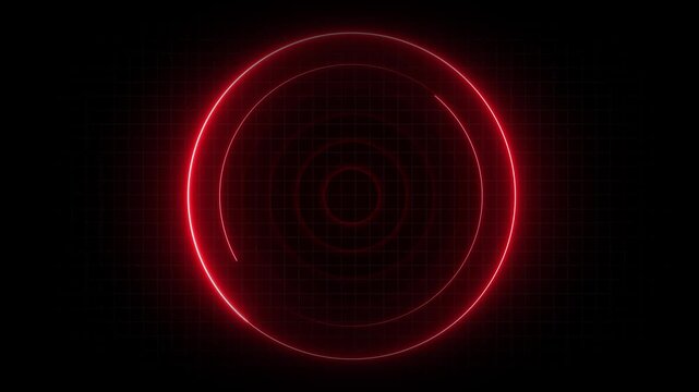 Red neon concentric circles expand smoothly across a dark tech grid. Abstract radar surveillance pulses along the neon concentric circles. Cyber targeting rings form these neon concentric circles.
