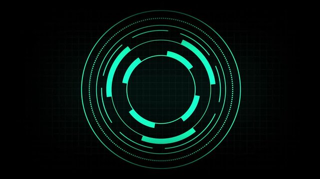 Futuristic teal circular HUD element tracks across a high tech grid. Dynamic targeting rings illuminate the teal circular HUD element. Cyber user interface drives this teal circular HUD element.