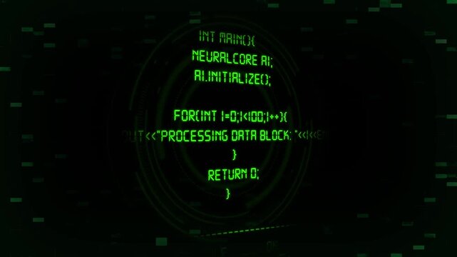 Green digital code overlay scrolls rapidly behind a circular HUD gauge. Matrix programming data streams around the green digital code. Cyber security interface tracks the green digital code.