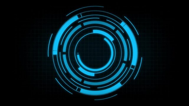 Bright blue circular HUD element displays glowing telemetry graphics. Futuristic user interface accents frame the blue circular HUD element. High tech radar data powers the blue circular HUD element.