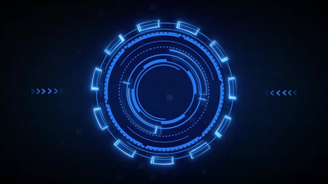 Futuristic blue digital HUD interface displays rotating arrow graphics. High tech user interface components power the digital HUD interface. Cyber control telemetry drives the digital HUD interface.