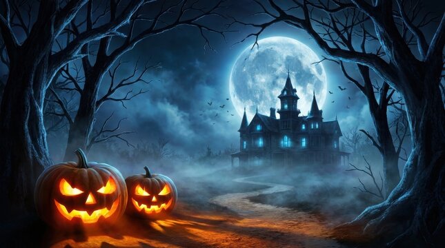 Scary Halloween pumpkins in front of a spooky haunted house at night