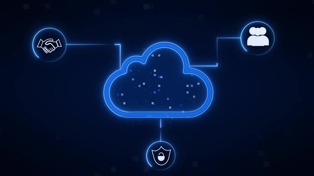 Blue neon cloud icon connects user profiles and security graphics. Collaborative cloud storage networks join this neon cloud icon. Safe online data exchange relies on the neon cloud icon.