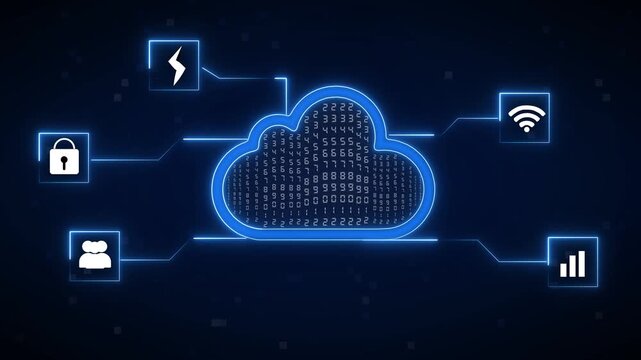 Digital cloud computing network streams real time data analytics icons. Online server communication powers the cloud computing network. Secure remote storage drives the cloud computing network.