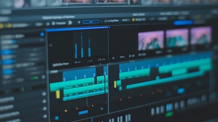 Fototapeta premium Professional Video Editing Software Interface Displaying Timeline and Audio Waves on Monitor