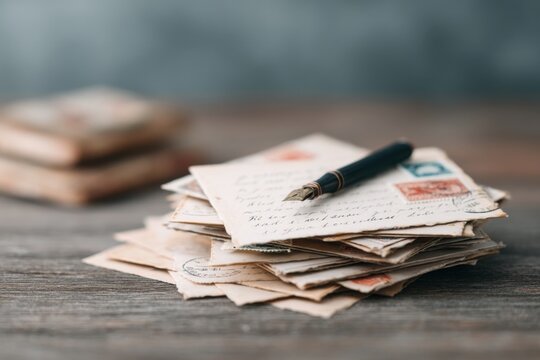 A stack of vintage handwritten letters lies on a wooden surface with a classic fountain pen resting atop the pile.