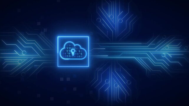 Glowing blue cloud icon features streaming data and circuit pathways. Server computing architecture connects to the blue cloud icon. Remote digital file backup relies on the blue cloud icon.