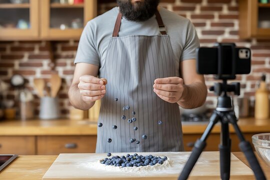 Male Chef Recording Video Recipe with Smartphone while Dropping Blueberries onto Pie Crust