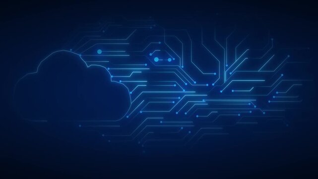 Digital cloud computing network displays vibrant circuit board paths. High tech server infrastructure animates the cloud computing network. Online database systems run on the cloud computing network.